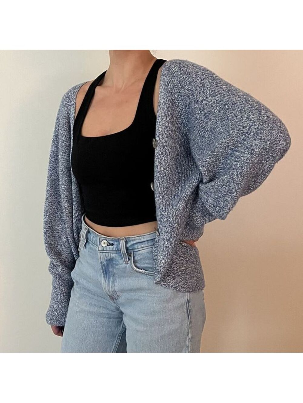 Theory Marled Knit Batwing Cardigan L Blue White Dolman Open Front Sweater